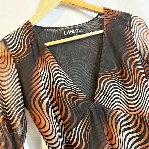 I.AM.GIA Freyja Top Women's M Sheer V-Neck Y2K Bell Sleeve Geometric Blouse - Picture 7 of 7